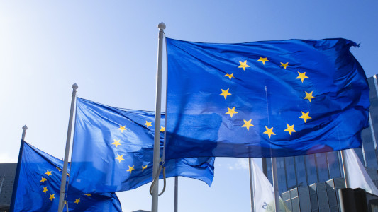 European union flags on poles