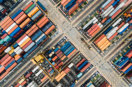 aerial shot of containers at a port