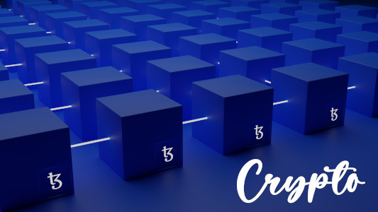 Rows of connected blue cubes with the word crypto
