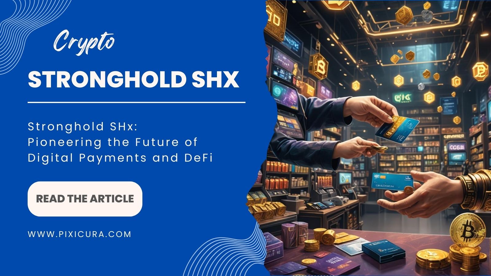 hands holding on to credit cards in a shop with crypto coins and finance graphs in background
