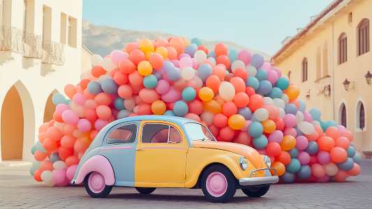 Lots of balloons next to a blue and yellow vw beetle car
