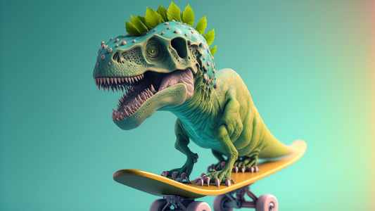 T-Rex Dinosaur riding a skateboard