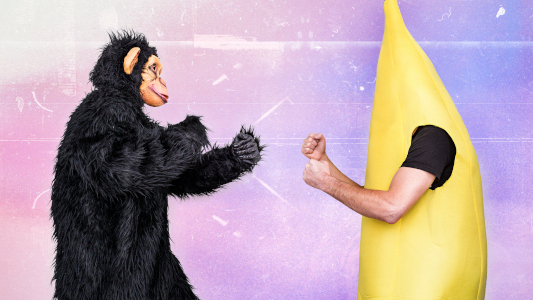 person in a gorilla costume fighting a person wearing a banana costume