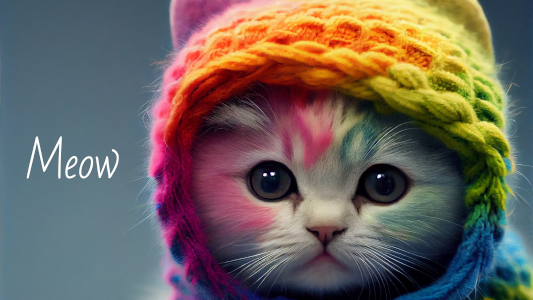 Kitten wearing a multi coloured woollen hat