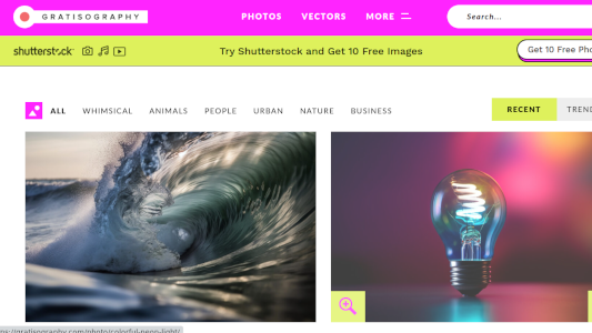 Gratisography home page showing a lightbulb and a wave
